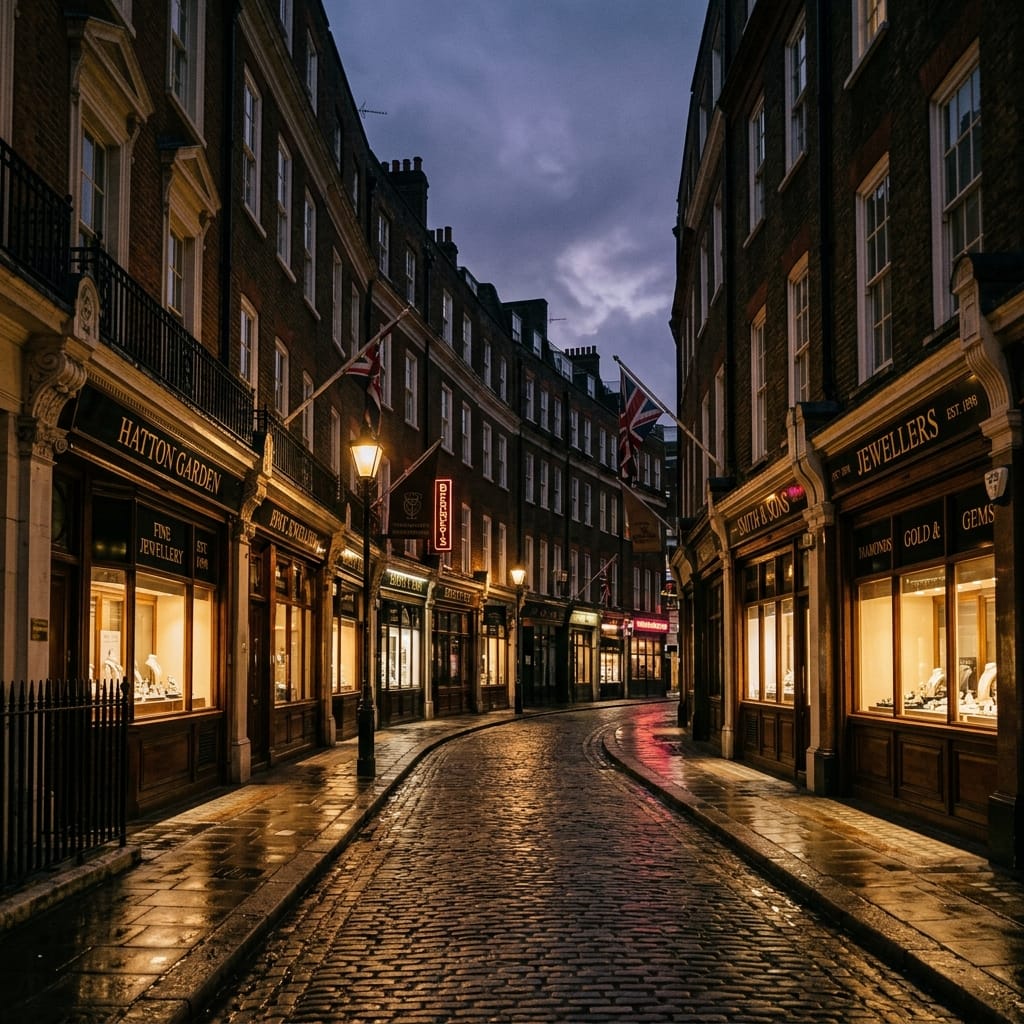 Hatton Garden, London's iconic jewellery quarter at dusk